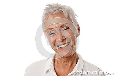 Happy older woman with trendy short white hair Stock Photo