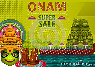 Happy Onam festival greetings sale promotion background to mark the annual Hindu festival of Kerala, India Vector Illustration
