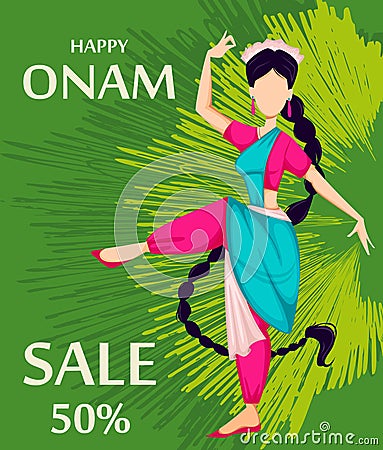 Happy Onam. Indian woman dancing Vector Illustration
