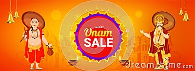 Happy Onam Sale header or banner design, illustration of King Mahabali. Cartoon Illustration