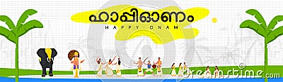 Happy Onam Written By Malayalam Language With South Indian People Celebrating Festival, King Mahabali And Elephant On White Stock Photo