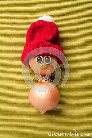 Happy onion in red hat Stock Photo