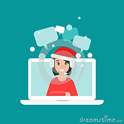 Happy operator on computer screen with headphones, microphone and santa hat Vector Illustration