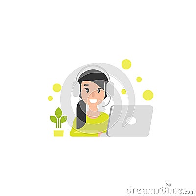 Happy operator girl with computer, headphones and microphone. flat vector illustration Cartoon Illustration