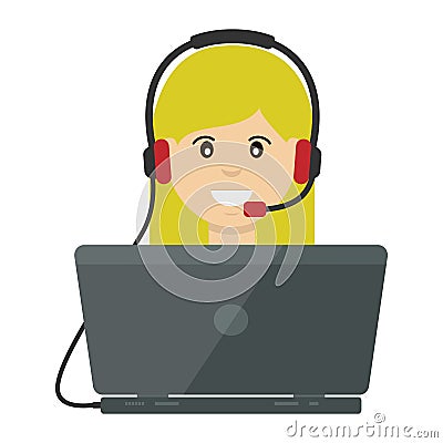 Happy operator girl with computer, headphones and microphone. flat vector illustration on white background Vector Illustration