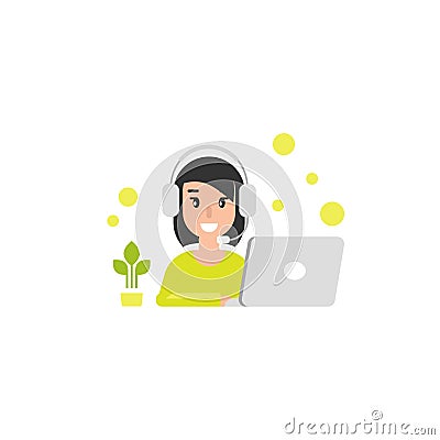Happy operator girl with computer, headphones and microphone. flat vector illustration Cartoon Illustration