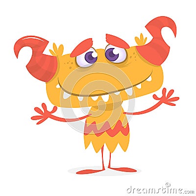 Happy orange monster. Vector Halloween horned monster character mascot Vector Illustration