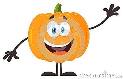 Happy Orange Pumpkin Vegetables Cartoon Emoji Character Waving Vector Illustration