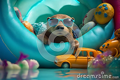 Happy otter chilling on a pool float and playing with inflatable pool toys. Generative AI Stock Photo