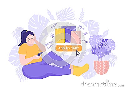 Happy overweight woman bought many expensive things through online internet shop. Sale and consumerism concept. XXL plus Vector Illustration