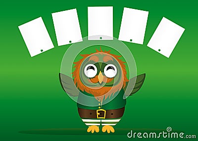 A happy owl with a beard in a suit and hat on St. Patrick`s day Cartoon Illustration