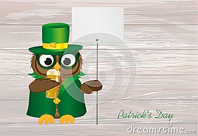 Happy owl with beer in a national costume and hat on St. Patrick Cartoon Illustration