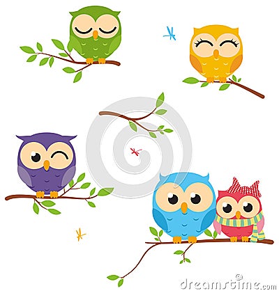 Happy Owl family sit on tree Vector Illustration