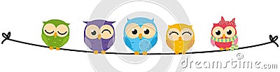 Happy Owl family sit on wire Vector Illustration