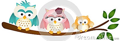 Happy Owl Family on Tree Branch Vector Illustration