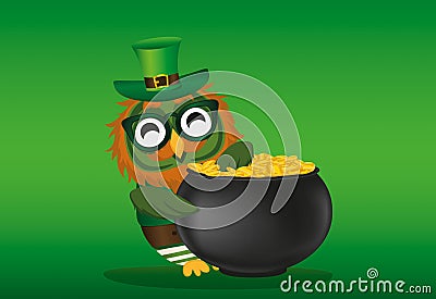 A happy owl with a pot of gold coins in a national costume Stock Photo