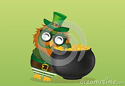 A happy owl with a pot of gold coins in a national costume Stock Photo