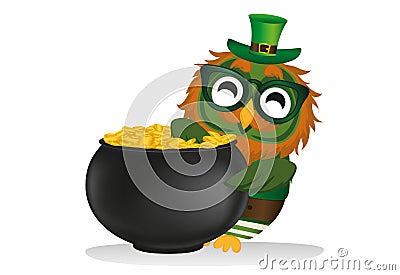 A happy owl with a pot of gold coins in a national costume Stock Photo