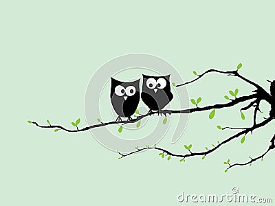 Happy Owls in love on tree Stock Photo