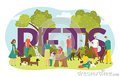 Happy owners with dogs, cute puppies domestic animals and lettering pets vector illustration isolated. Man and woman Vector Illustration