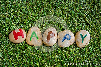 Happy paint on stone , on the grass Stock Photo