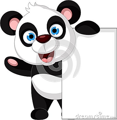 Happy panda cartoon with blank sign Stock Photo