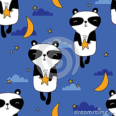 Colorful seamless pattern with happy pandas, moon, stars. Decorative cute background with animals, night sky Vector Illustration