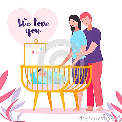 Happy Parenthood, Mother, Father, Bed Newborn Baby Vector Illustration