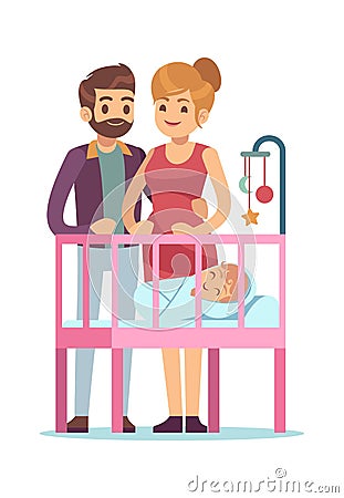 Happy parents with baby. Family couple cuddling and newborn in cradle, vectyoungor cartoon characters Vector Illustration