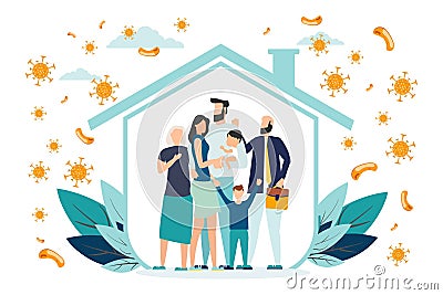 Happy parents with children is protected from viruses and diseases. Good immunity, vaccination and a healthy lifestyle. Family Vector Illustration