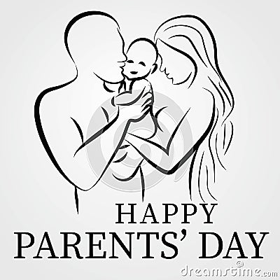 Happy parent's day. Illustration of young man and woman holding their child, cuddling, hugging, and kissing. Vector Illustration