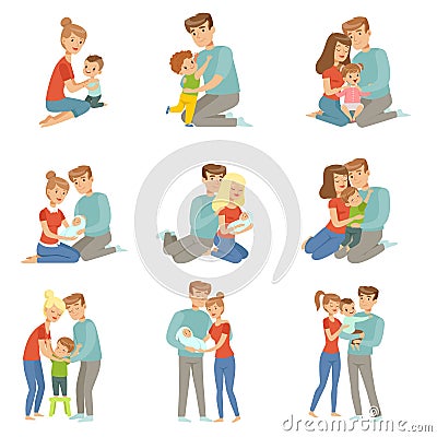 Happy parents embracing their kids set, mother and father hugging their children, happy family concept vector Vector Illustration