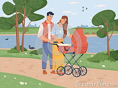 Happy parents walking with newborn toddler in park Vector Illustration