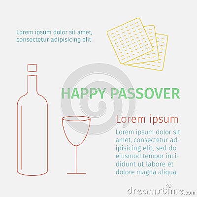 Happy Passover background with wine and matzoh. Line illustration. Vector Illustration