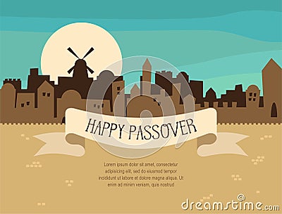 Happy Passover greeting card design with Jerusalem city skyline. Vector illustration Vector Illustration