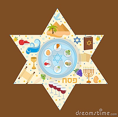 Happy Passover greeting card with torus, menorah, wine, matzoh, seder. Holiday Jewish exodus from Egypt. Pesach template Vector Illustration