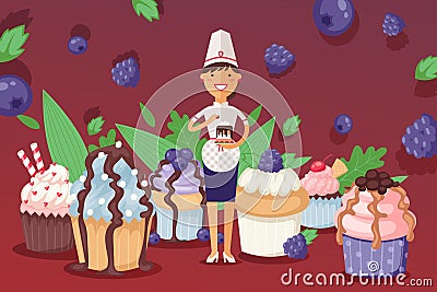 Happy pastry chief people in cap vector illustration. Woman stands in midst many cupcakes decorated with fondant banner. Vector Illustration