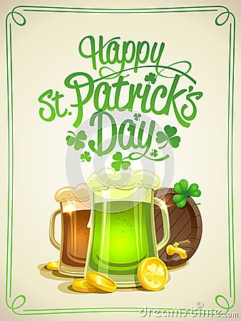 Happy Patrick`s Day card with green beer Vector Illustration