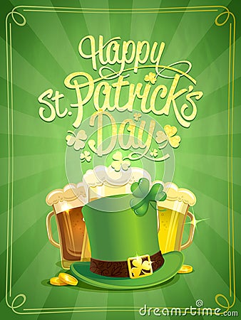 Happy Patrick`s Day poster, illustration with leprechaun hat Vector Illustration