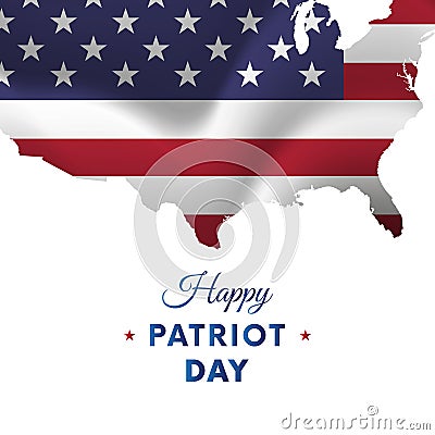 Happy Patriot Day sticker or banner. Red gradient background. Waving flag. USA map. Vector illustration. Vector Illustration