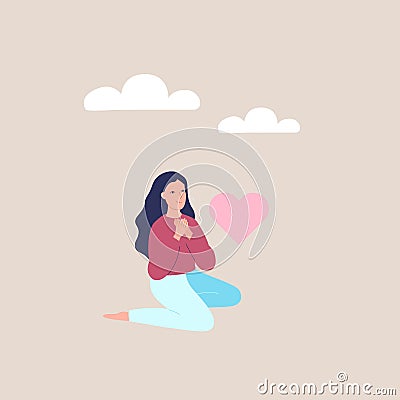 A happy and peaceful woman is sitting. The girl is in love. The girl dreams of good things. Psychology concept Vector Illustration