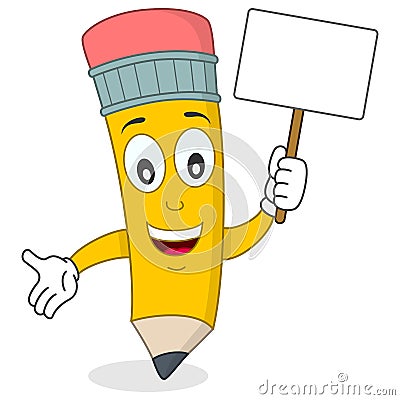 Happy Pencil Character Holding Banner Vector Illustration