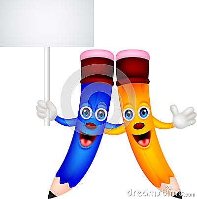 Happy pencil couple cartoon with blank sign Vector Illustration
