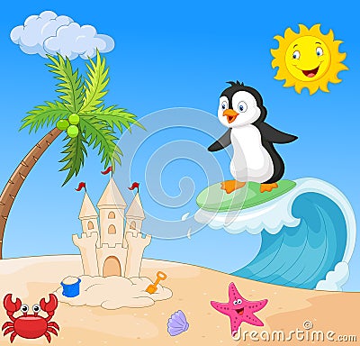 Happy penguin cartoon surfing Vector Illustration