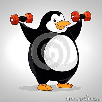 A happy penguin does fitness with dumbbells Stock Photo