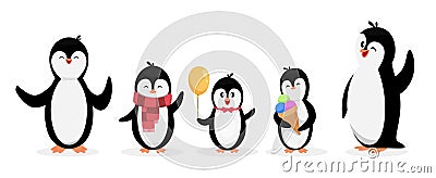 Happy penguin family. Penguins isolated on white background. Vector cute cartoon character animals set Vector Illustration