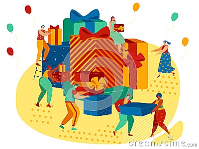 Happy people carrying huge gift boxes, pile of present packages, vector illustration Vector Illustration
