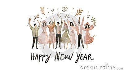 happy people celebrate a Happy New Year, cheerful, pink and gold watercolor, white background Stock Photo