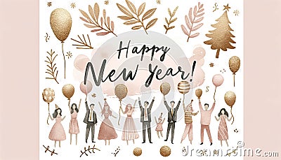 happy people celebrate with a word Happy New Year, cheerful, pink and gold watercolor, white background Stock Photo