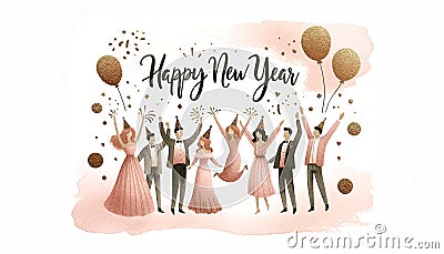 happy people celebrate with a word Happy New Year, cheerful, pink and gold watercolor, white background Stock Photo